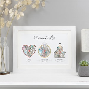 Personalised Met Engaged Married Map Print | Wedding Anniversary Gift | Unique Keepsake for Couples | Paper Anniversary Gift | VA057