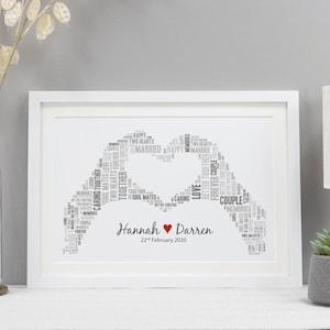 Impressão de arte de palavras de mãos de coração personalizadas | Presente de casamento, aniversário ou casais | Lembrança de arte de parede personalizada | VA010