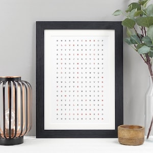 Personalised Word Search Print | Custom Hidden Message Wall Art | Unique Birthday or Anniversary Gift for Couples & Friends VA089