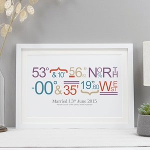 May include: A framed print with colourful text displaying coordinates and the date "Married 13th June 2015." The text includes numbers, symbols, and the words "North" and "West." The frame is white, and the background is a light grey.