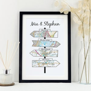 Personalised signpost map Gift | Met engaged married live print VA161