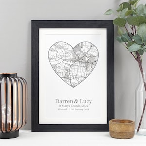 Coeur Carte de localisation | Cadeau personnalisé pour une nouvelle maison | Cadeau de mariage ou d'anniversaire | Déco murale carte couple personnalisée VA135