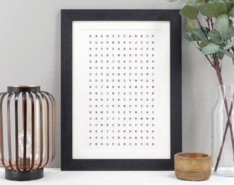 Gepersonaliseerde woordzoekafdruk | Aangepaste muurkunst met verborgen berichten | Uniek verjaardags- of jubileumcadeau voor stellen en vrienden VA089