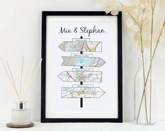 Personalised signpost map Gift | Met engaged married live print VA161