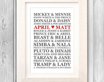 A4 Personalised Disney Wedding Anniversary Valentines Typography