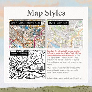 May include: A guide to different map styles, including Ordnance Survey Maps, Street Maps, and Line Maps. The guide explains that Ordnance Survey Maps are only available for locations in England, Scotland, and Wales, while Street Maps and Line Maps are available worldwide. The guide also explains that Line Maps show roads and water in black, and rural areas are represented in white.
