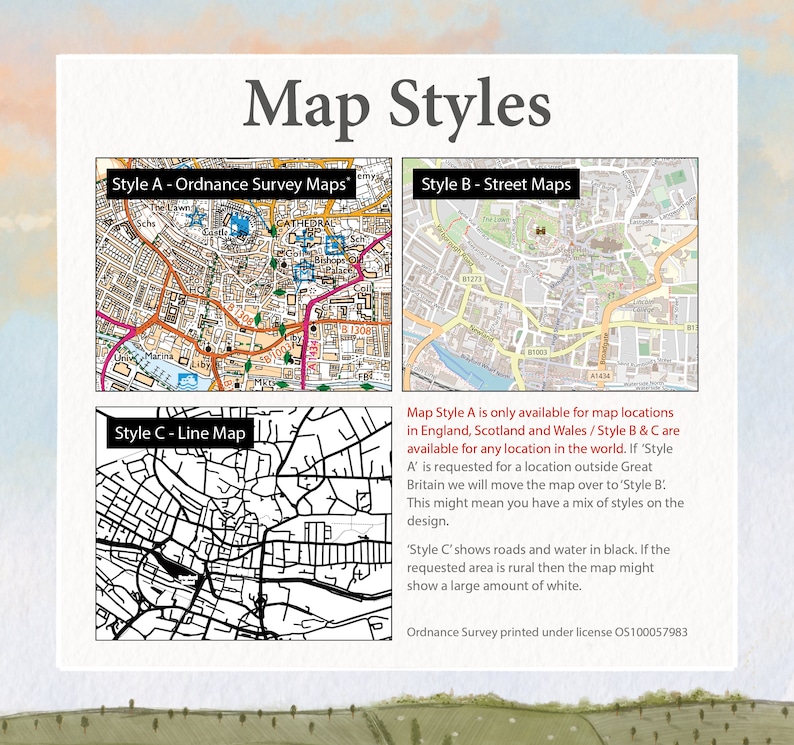 May include: A guide to different map styles, including Ordnance Survey Maps, Street Maps, and Line Maps. The guide explains that Ordnance Survey Maps are only available for locations in England, Scotland, and Wales, while Street Maps and Line Maps are available worldwide. The guide also explains that Line Maps show roads and water in black, and rural areas are represented in white.