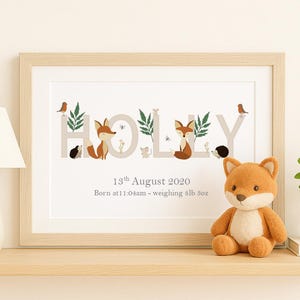 Nom personnalisé d'animaux des bois | Décoration murale personnalisée pour chambre de bébé ou d'enfant | Cadeau de naissance ou souvenir de baptême VA017