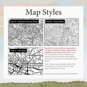 May include: Three different map styles are shown: Ordnance Survey Maps, Street Maps, and Line Maps. The Ordnance Survey Maps are only available for locations in England, Scotland, and Wales. Street Maps and Line Maps are available worldwide. The text states that if a map style is requested for a location outside of Great Britain, the map will be moved to the Street Map style. This may result in a mix of styles on the map. The Line Map style shows roads and water in black, and if the requested area is rural, the map may show a large amount of white.