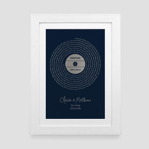 May include: A white framed print with a navy blue background featuring a stylized record with the song title "Pointless" by Lewis Capaldi. The text "Claire & Matthew Our Song 20.03.2006" is printed below the record.
