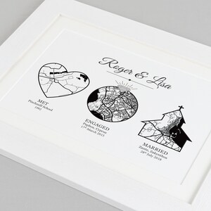 May include: Black and white illustration of three maps representing key moments in a couple's relationship: "Met" at Pinchmill School in 1992, "Engaged" in Paphos, Cyprus in March 2015, and "Married" in Zante, Zakynthos in July 2018.
