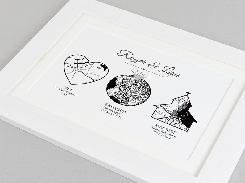 May include: Black and white illustration of three maps representing key moments in a couple's relationship: "Met" at Pinchmill School in 1992, "Engaged" in Paphos, Cyprus in March 2015, and "Married" in Zante, Zakynthos in July 2018.