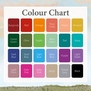 May include: Color chart with 24 color swatches, including burgundy, red, orange, terra cotta, peach, mustard, forest green, olive, apple, mint green, teal, aqua, dark blue, steel blue, light blue, baby blue, purple, light violet, light plum, dark pink, baby pink, beige, tinted grey, and black.