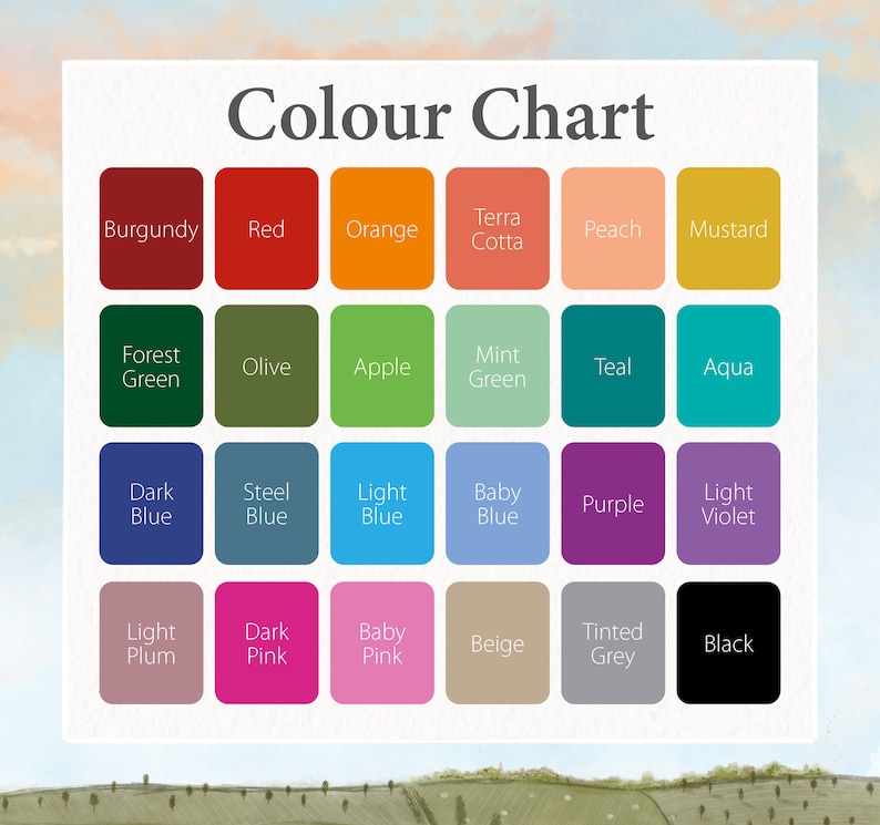 May include: Color chart with 24 color swatches, including burgundy, red, orange, terra cotta, peach, mustard, forest green, olive, apple, mint green, teal, aqua, dark blue, steel blue, light blue, baby blue, purple, light violet, light plum, dark pink, baby pink, beige, tinted grey, and black.