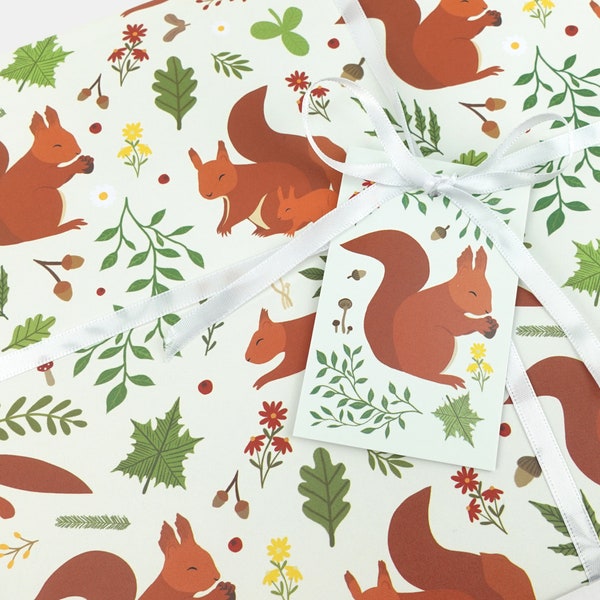 Red squirrel wrapping paper | Woodland animal eco friendly gift wrap | Premium quality sheets + Tags | Zero plastic packaging 70x50cm