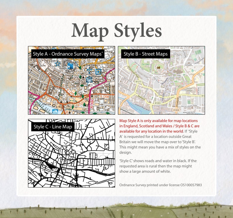 Pu&ograve; includere: Una guida a diversi stili di mappe, tra cui le mappe Ordnance Survey, le mappe stradali e le mappe lineari. La guida spiega che le mappe Ordnance Survey sono disponibili solo per le localit&agrave; in Inghilterra, Scozia e Galles, mentre le mappe stradali e le mappe lineari sono disponibili in tutto il mondo. La guida spiega anche che le mappe lineari mostrano strade e acqua in nero, e le aree rurali sono rappresentate in bianco.
