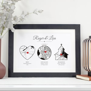 Rencontre, fiancés, mariés, carte imprimée | Cadeau d'anniversaire de mariage personnalisé | Art décoratif personnalisé avec trois endroits spéciaux VA204
