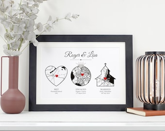 Met Engaged Married Karte Drucken | Personalisierte Hochzeit Jahrestag Geschenk | Individuelles Motiv mit drei besonderen Orten VA204
