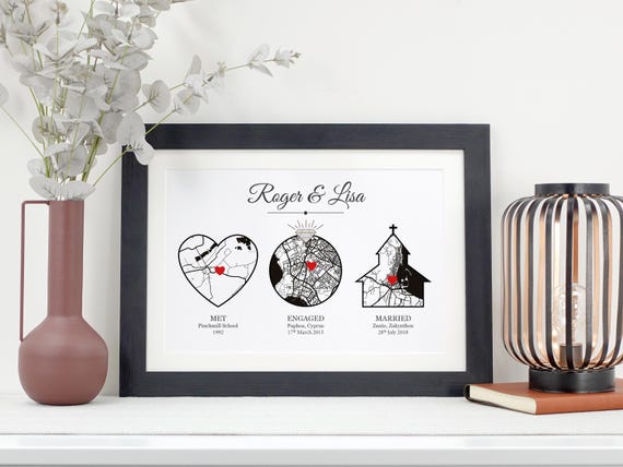 Met Engaged Married Map Print | Personalised Wedding Anniversary Gift | Custom Location Art with Three Special Places VA204