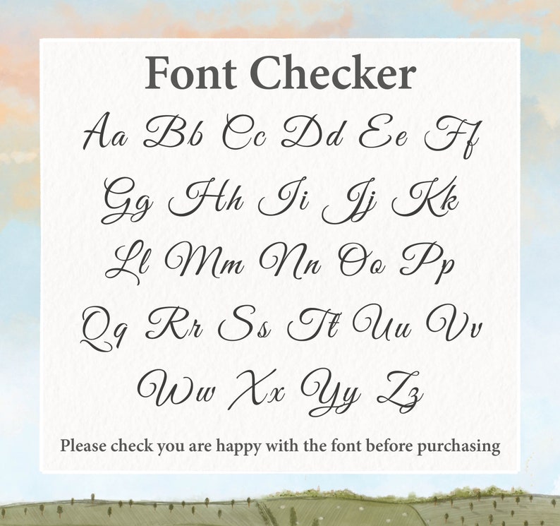 Pu&ograve; includere: Immagine di controllo del carattere che mostra l'alfabeto in un carattere di scrittura corsivo. Le lettere sono scritte in inchiostro nero su uno sfondo bianco. Il testo "Font Checker" &egrave; nella parte superiore dell'immagine. Il testo "Si prega di verificare di essere soddisfatti del carattere prima di acquistare" &egrave; nella parte inferiore dell'immagine.