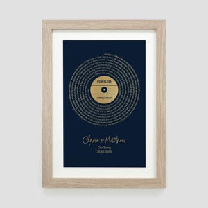 May include: A framed print of a gold record with the song title "Pointless" by Lewis Capaldi. The print is on a dark blue background and includes the names "Claire & Matthews" and the date "20.03.2008".