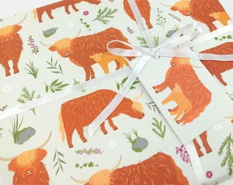 Highland cow wrapping paper | Scottish highlands eco friendly gift wrap | Premium quality sheets + Tags | Zero plastic packaging 70x50cm