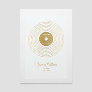 May include: A gold foil print of a record featuring the song "Pointless" by Lewis Capaldi. The print displays the lyrics of the song in a circular pattern around the record label. The print is personalised with the names "Claire & Matthew" and the date "20.01.2006".