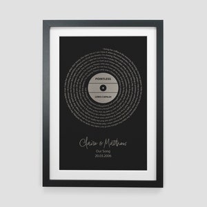 May include: A black and white framed print of a vinyl record with the song lyrics for "Pointless" by Lewis Capaldi. The print includes the names "Claire & Matthew" and the date "20.03.2006".