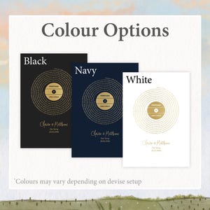May include: Three colour options for a personalised vinyl record print. The options are black, navy, and white. Each print features a gold record with the text "Pointless" and "Love Actually" in the centre. The text "Claire & Matthew" and "Our Song" is printed below the record.