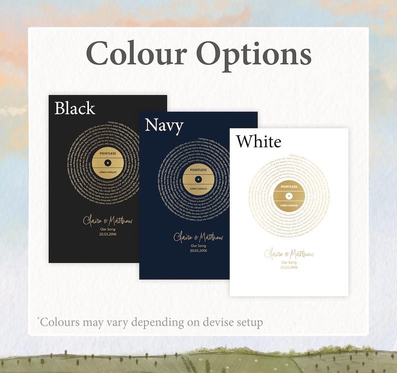 May include: Three colour options for a personalised vinyl record print. The options are black, navy, and white. Each print features a gold record with the text "Pointless" and "Love Actually" in the centre. The text "Claire & Matthew" and "Our Song" is printed below the record.