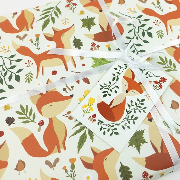 Fox wrapping paper | Woodland animals Eco friendly gift wrap | Premium quality sheet + Tag | Zero plastic packaging 70x50cm