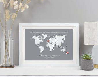 Umzug Geschenk für Freund | Personalisierte Weltkarte | Fernfreundschaft oder Abschied Geschenk für Sie oder Ihn | VA111