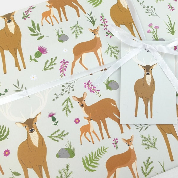 Stag / Deer wrapping paper | Scottish highlands eco friendly gift wrap | Premium quality sheets + Tags | Zero plastic packaging 70x50cm