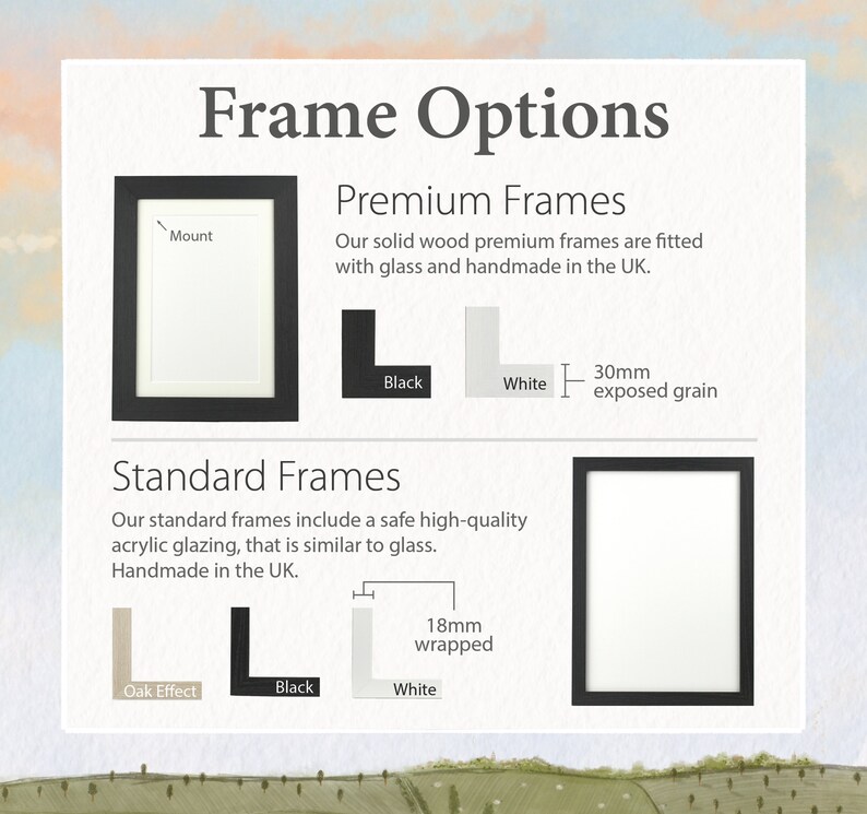 May include: A graphic showing frame options for artwork. The options include premium frames made of solid wood with glass and standard frames with acrylic glazing. The premium frames are available in black and white with a 30mm exposed grain. The standard frames are available in oak effect, black, and white with an 18mm wrapped finish.