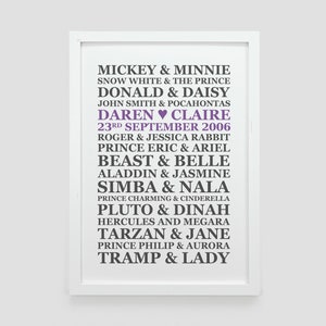May include: A white framed print with a list of Disney couples in black text. The names Daren and Claire are highlighted in purple with a heart symbol between them. The date September 23rd, 2006 is also included in the list.