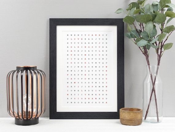 Personalised Word Search Print | Custom Hidden Message Wall Art | Unique Birthday or Anniversary Gift for Couples & Friends VA089