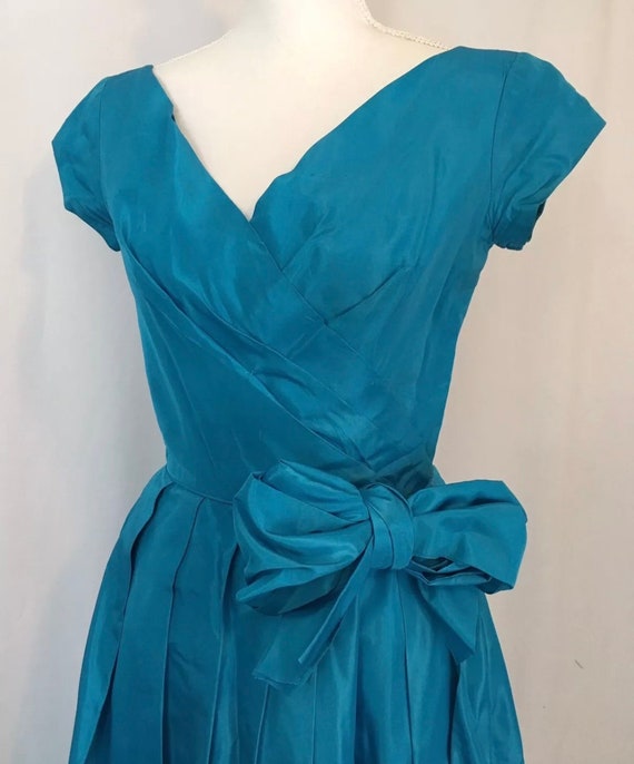 1950s Emma Domb Blue Taffeta Formal Ball Gown