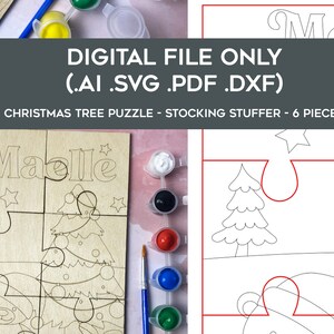 Peut inclure: Un puzzle de Noël en bois de six pièces avec un design de peinture par numéros. Le puzzle représente un sapin de Noël, un ours et le nom "Maelle". Le puzzle est livré avec cinq pots de peinture rouge, bleu, vert, noir et blanc.