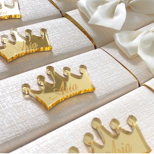 Custom Made Gold Acrylic Crown Mirror Tags, Engraved Chocolates Name Tags, Personalized Acrylic Logo for Party Wedding Baby Shower