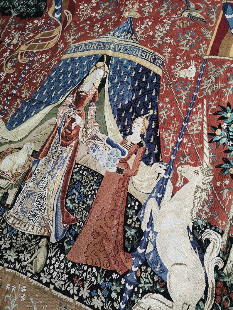 Tapisserie Murale Dame à La Licorne 150x100cm | Décor Médiéval Olive/Brun - 100% Polyester