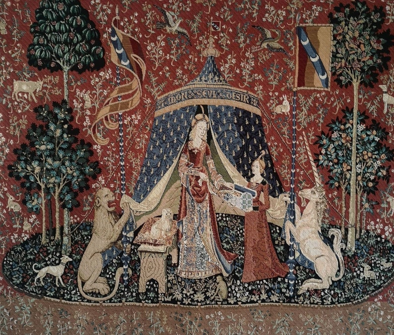 Tapisserie Murale Dame Et Licorne 150x100cm - Style Médiéval Bohème - Décoration Chambre Olive/Brun
