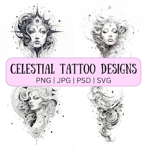 Celestial Tattoo Design B | Digital Back Tattoo Designs, Set of 4, svg, png, jpg, psd, Procreate and Photoshop Compatible