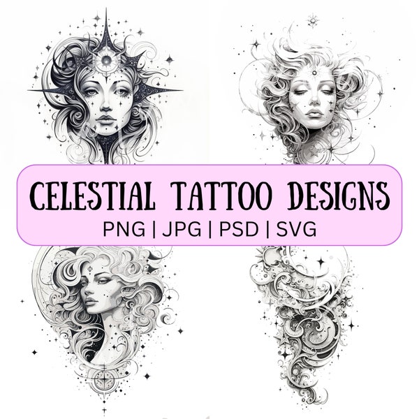 Design de tatouage céleste B | Lot de 4 dessins de tatouage numérique au dos, svg, png, jpg, psd, compatible Procreate et Photoshop