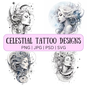 Celestial Tattoo Design A | Digital Back Tattoo Designs, Set of 4, svg, png, jpg, psd, Procreate and Photoshop Compatible