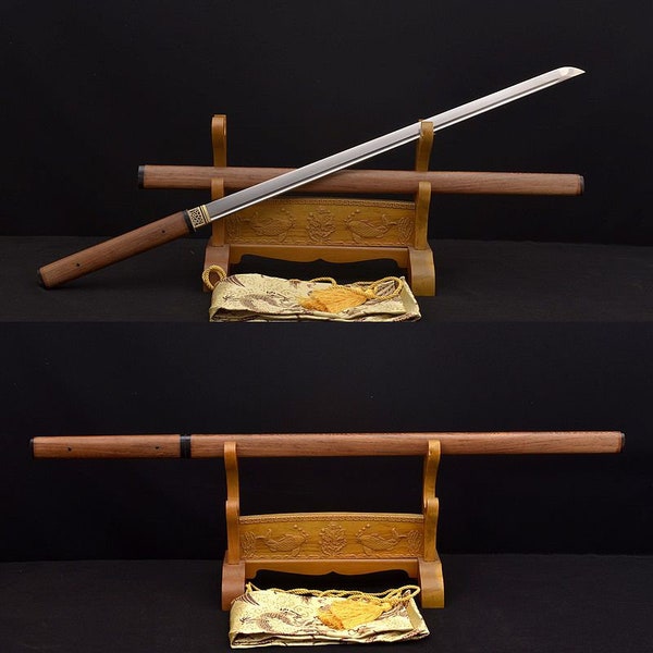 Japanese Hand Forged Sword - Folded Damascus Steel Sword - Ninja Straight Blade Sword - Huali Wood Shirasaya Battle Ready Samurai Ninjato