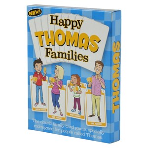 PERSONALISED HAPPY FAMILIES card game for people with the last name Thomas. Hilarious family fun, packed with intriguing info about the name