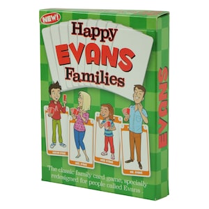 PERSONALISED HAPPY FAMILIES card game for people named Evans. Superb little stocking filler, xmas gift idea, table gift or family game