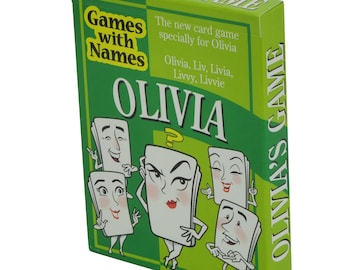 Chritmas gift idea for girls or women named Olivia: A personalized xmas card game and sheet of named xmas gift wrap paper. Stocking filler.