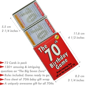 May include: A red box with the text "The 70th Birthday Game" on it. The box contains 72 cards with 130+ questions about the year 1970. The box is 11.6 cm by 8.3 cm.