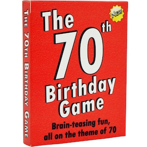 May include: A red box with the text "The 70th Birthday Game" in white. The box has a yellow star with the word "New" on it.